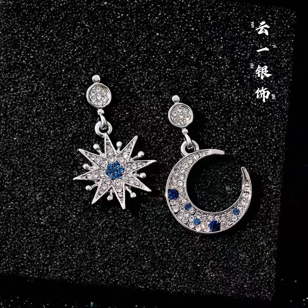 足银合成锆石耳饰 【雲一】足银990AB款星月时尚直针耳吊