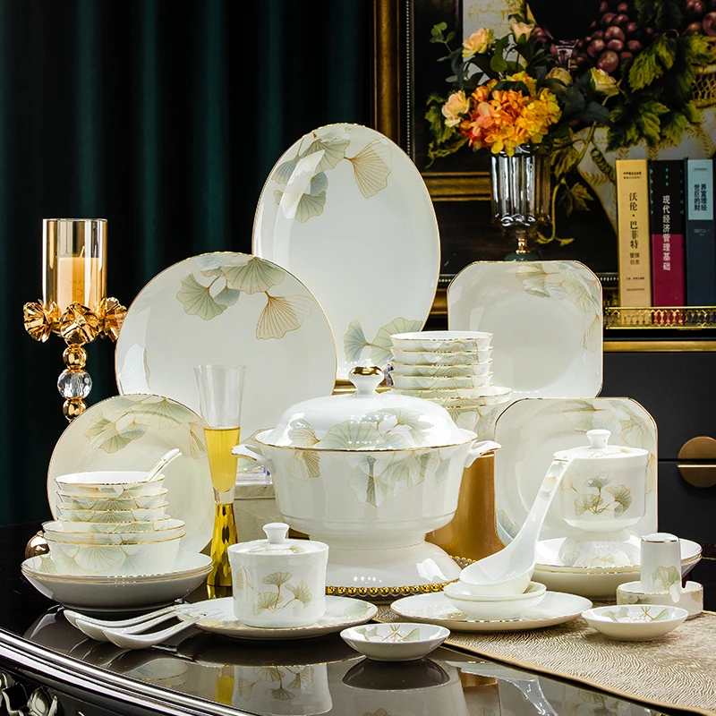 碗碟盘82件碗碟套装家用轻奢简约骨瓷餐具乔迁送礼高脚碗瓷筷盘子