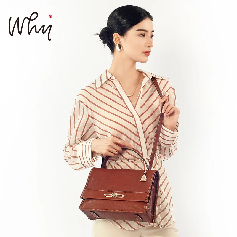 WHY女包头层植鞣牛皮盘扣包原创设计师邮差包复古通勤单肩斜挎包