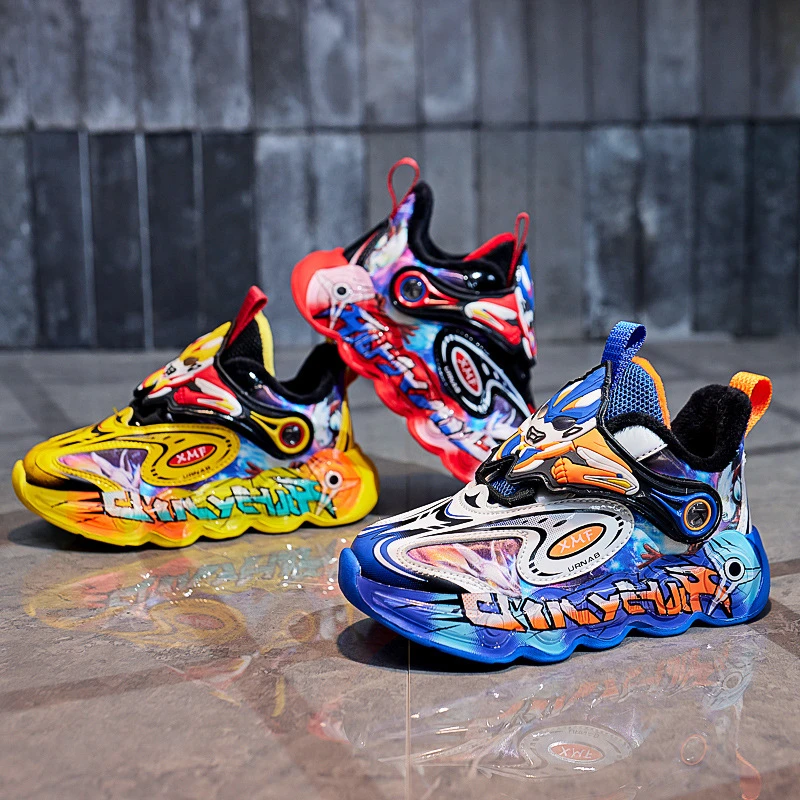 男童运动鞋秋季带灯儿童跑步鞋奥特曼童鞋旋转纽扣男孩皮面单鞋子