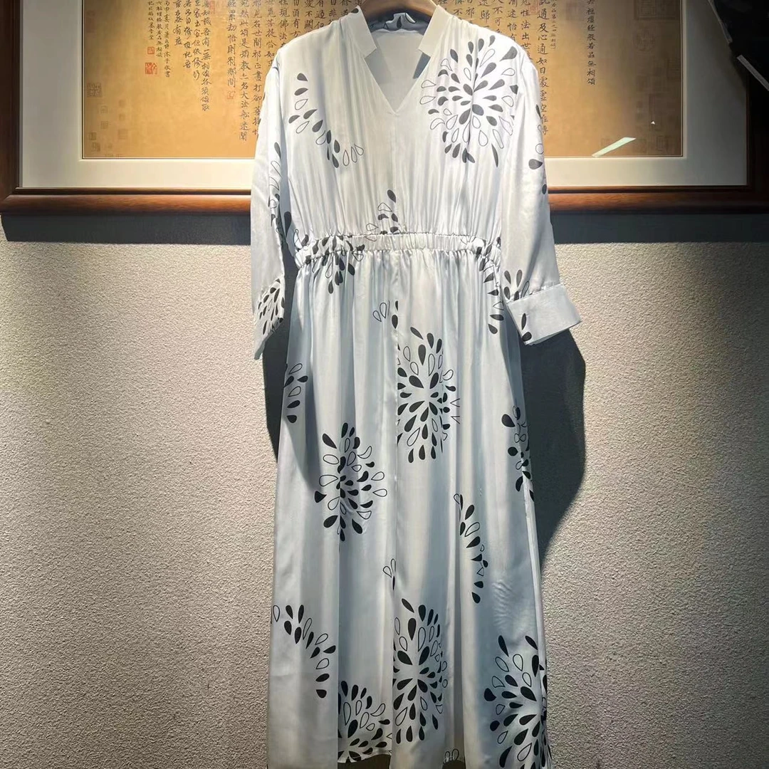 V领弹力松紧腰印花中袖气质时尚设计师桑蚕丝连衣裙D9009033