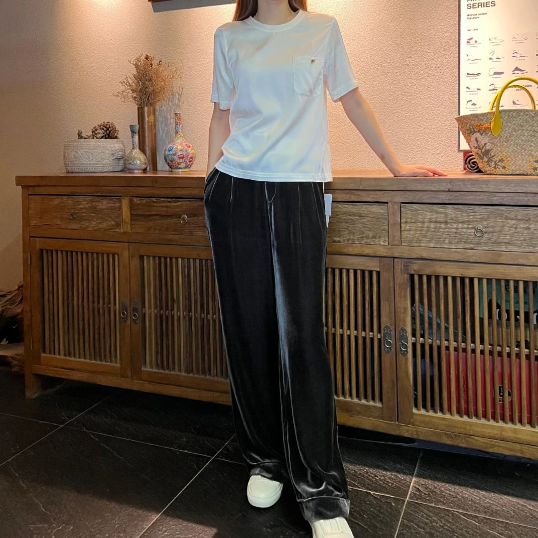 单条裤子过冬垂坠显瘦不粘毛不粘灰不倒绒桑蚕丝绒阔腿裤P9009073