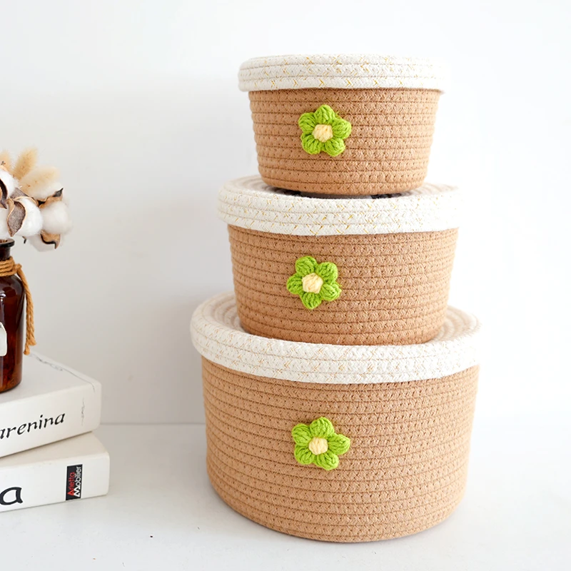 【三件套】高颜值小花带盖子桌面化妆品北欧家用整理收纳盒圆形