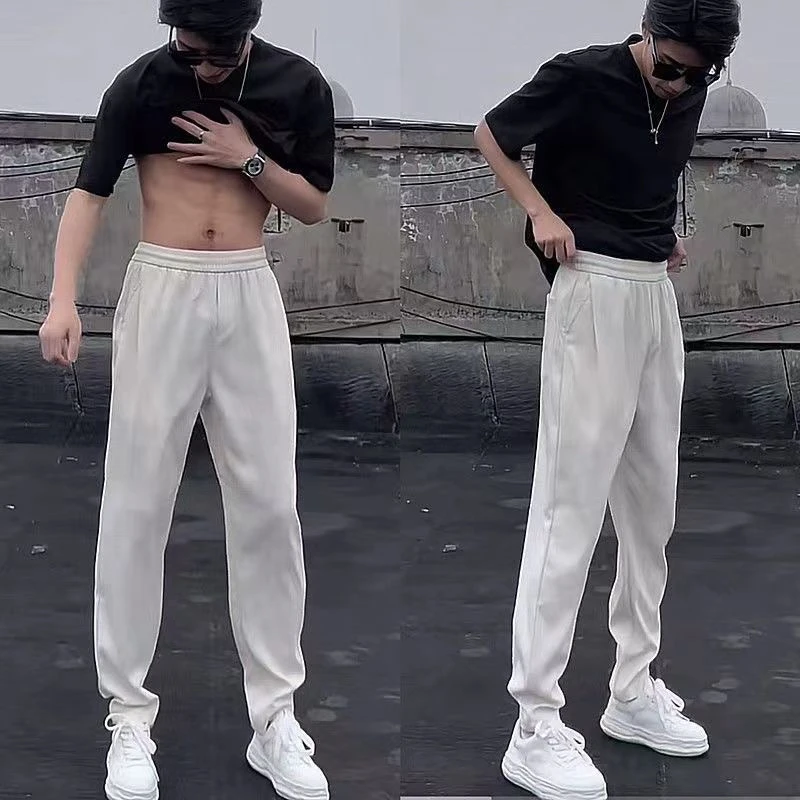 夏季薄款凉爽冰丝垂感裤子男修身小脚九分裤休闲裤纯色哈伦小西裤