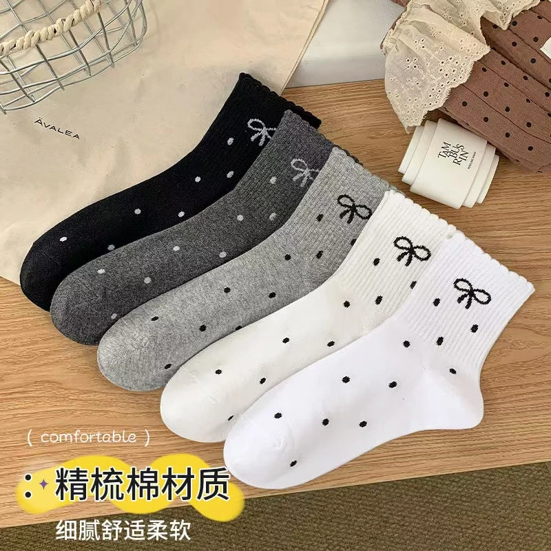 蝴蝶结袜子女中筒秋冬款ins潮日系可爱网红花边女袜长筒袜学院风