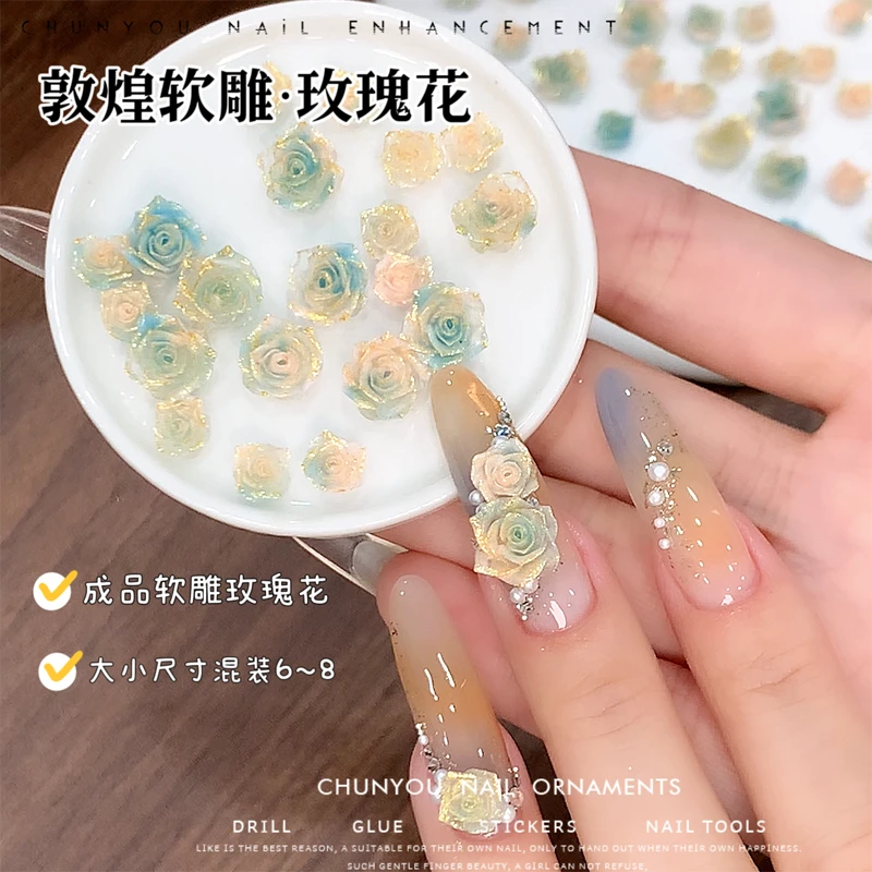 S美甲饰品国风款敦煌软雕玫瑰花成品雕花混装山茶花玫瑰美甲钻