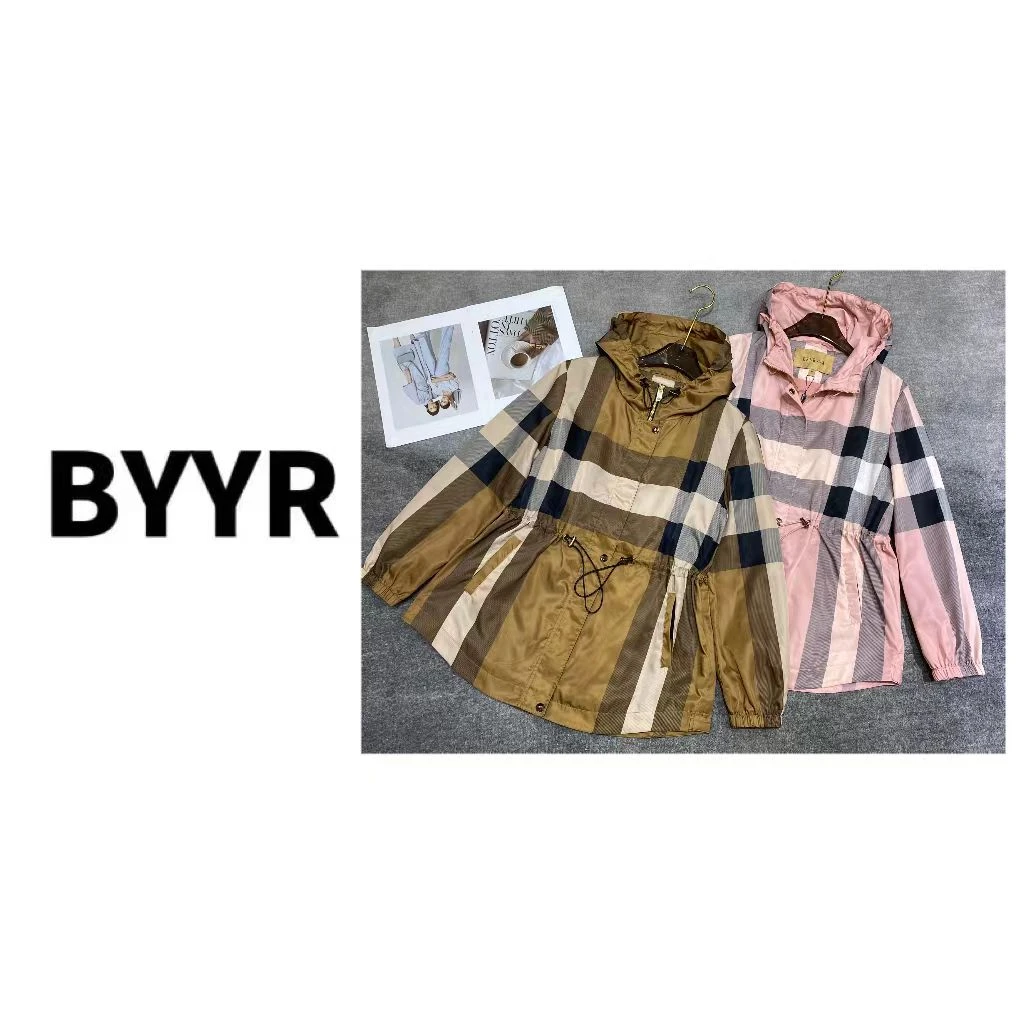 BYYR早春新款中长带帽格子风衣（深6631）X