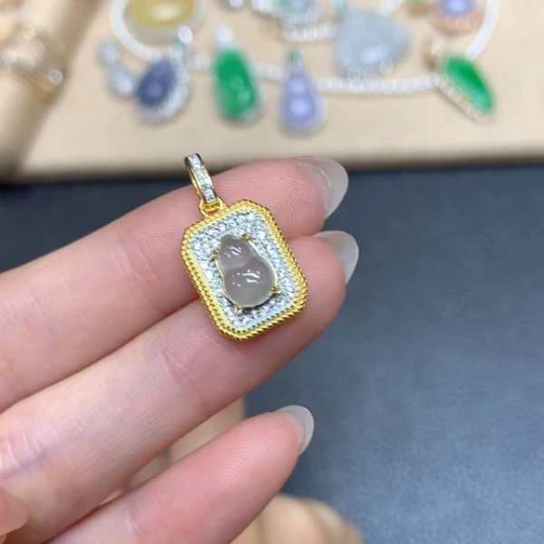 四会-(DH-52-1)葫芦吊坠-s925银镶翡翠方形吊坠多样性发其一