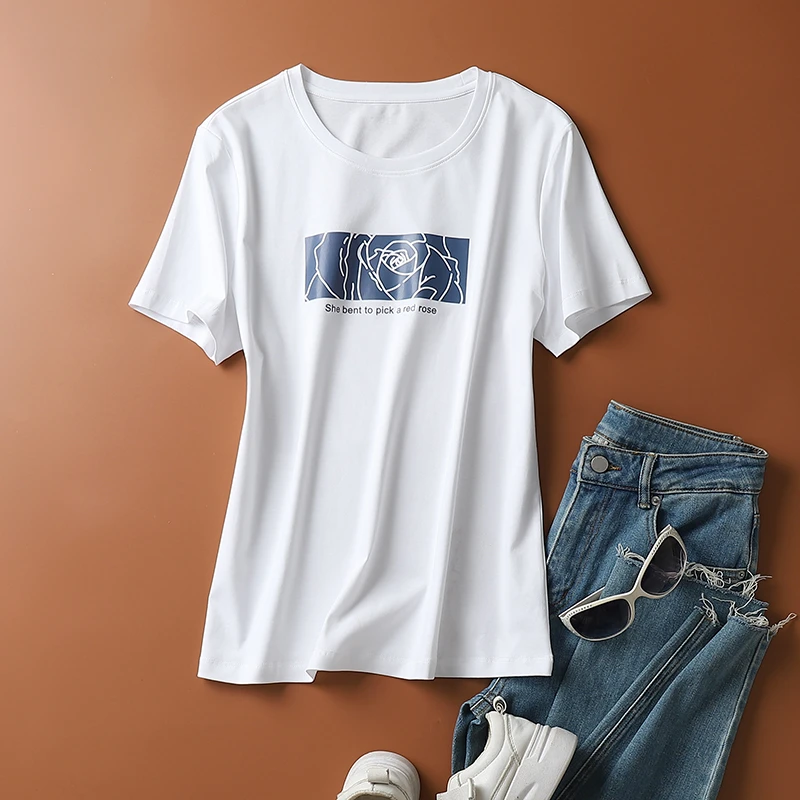 SkyINTL2025春夏新款时尚纯棉上衣女玫瑰印花丝光棉短袖t恤女夏季