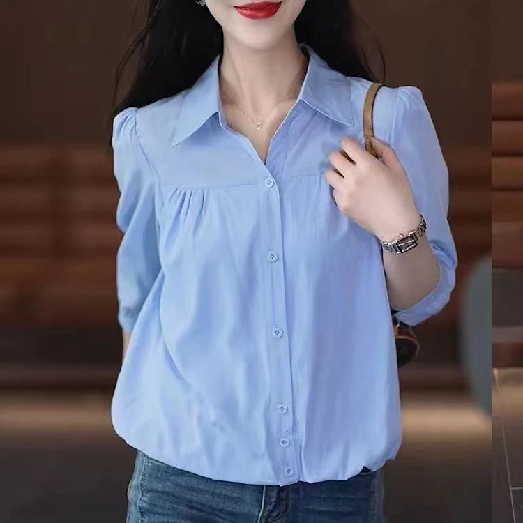 纯色中袖衬衣女2024春秋新款宽松显瘦时尚气质衬衫减龄遮肚子上衣