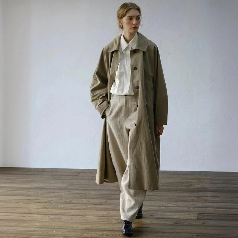 春季新款秋冬复古小方领蝙蝠袖建筑廓形外套大衣风衣高贵长款风衣