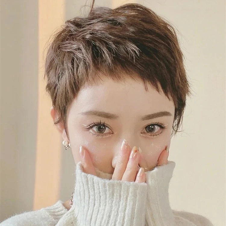 斜刘海舒适女短发减龄全真人发递针减龄妈妈全头套时尚自然短直发