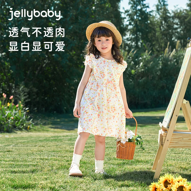 杰里贝比女童连衣裙夏甜美飞飞袖蝴蝶结透气亲肤淑女裙 JQG42505