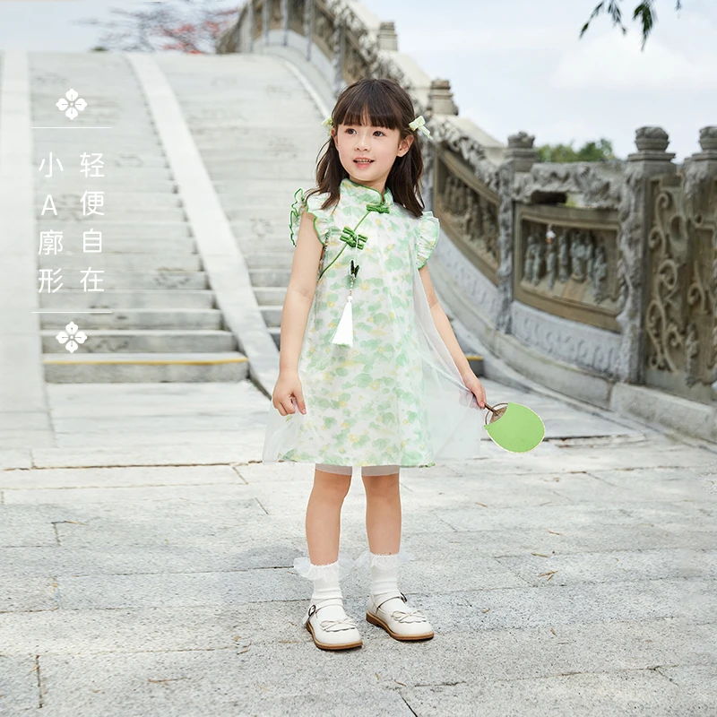 杰里贝比国风旗袍女童夏季薄荷曼波新中式唐装连衣裙夏 JEG42519