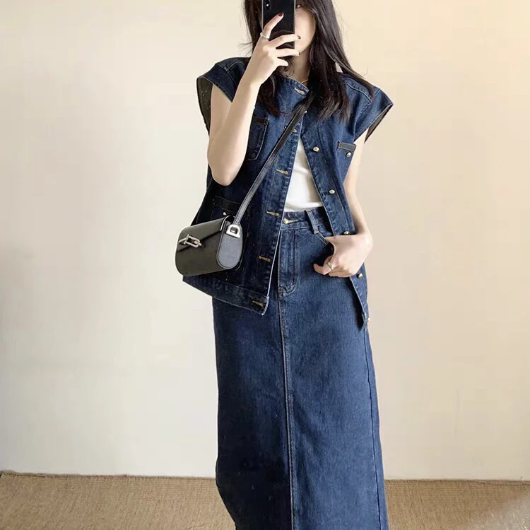 复古牛仔马甲半身裙两件套秋装搭配衬衫两件套盐系显瘦时尚套装裙