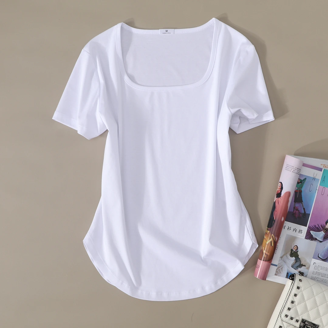星有光 夏款不规则下摆方领短袖t恤女气质大领口上衣套头衫打底衫