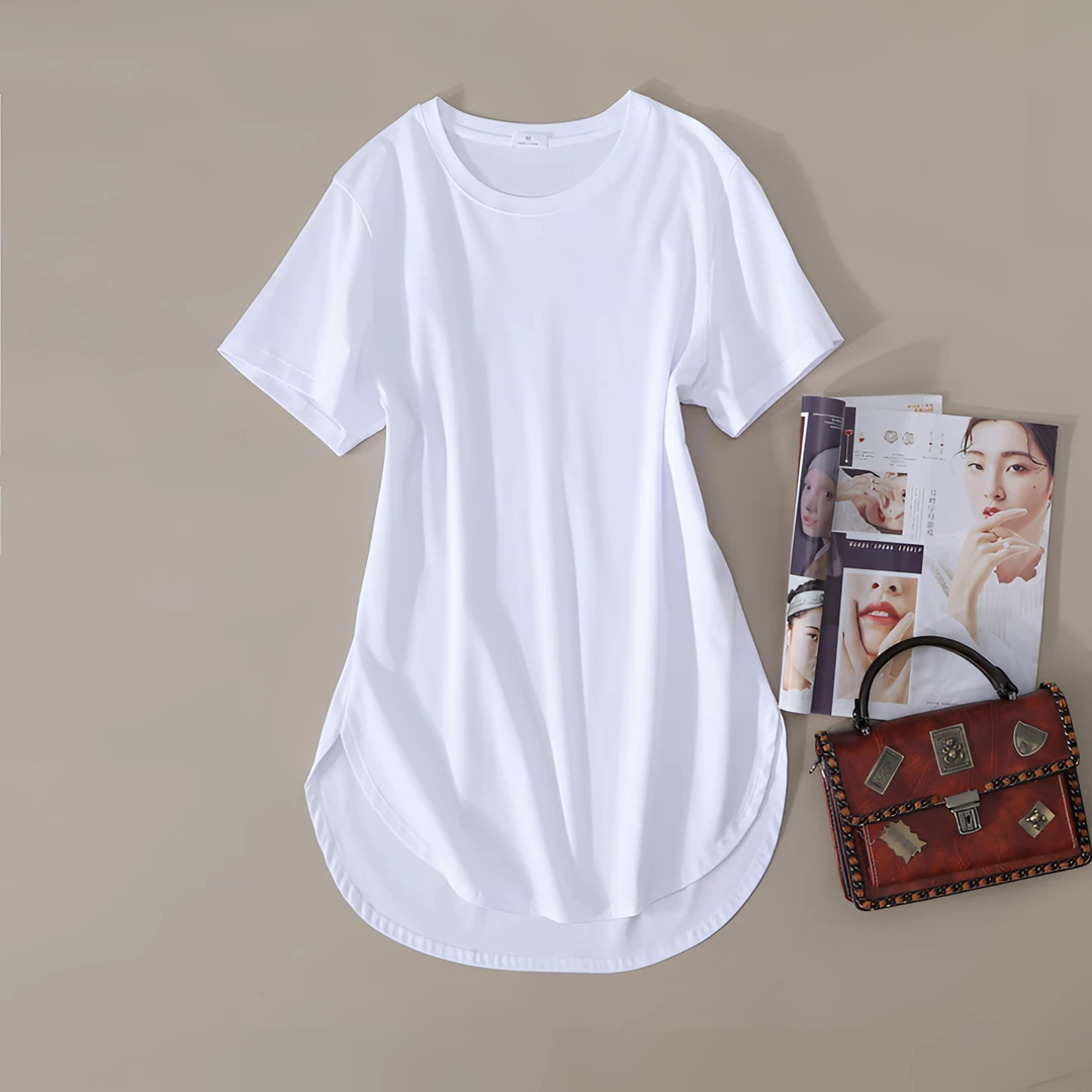 星有光 丝光棉纯棉圆领短袖t恤女弧形下摆中长款白色上衣配鲨鱼裤