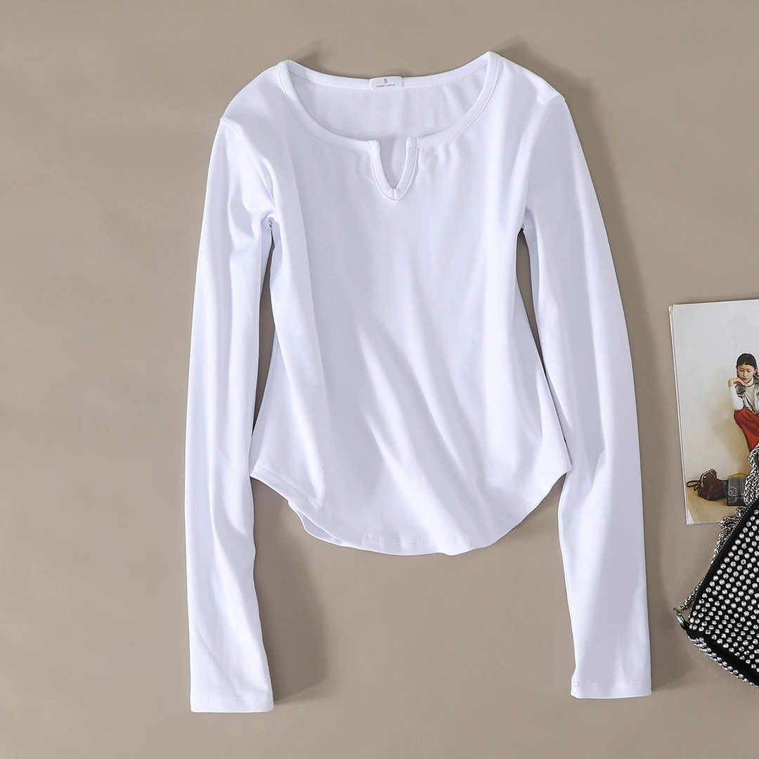 星有光 弹力弧形下摆长袖t恤女2024秋V领修身显瘦上衣打底衫白色