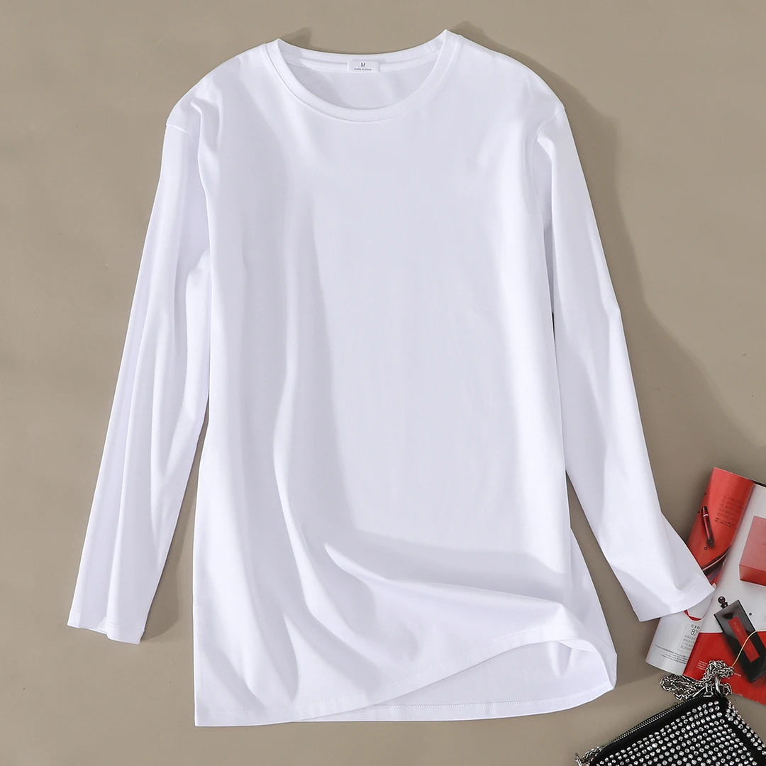 星有光 秋款经典圆领宽松中长款白色长袖t恤女遮臀纯色内搭外穿