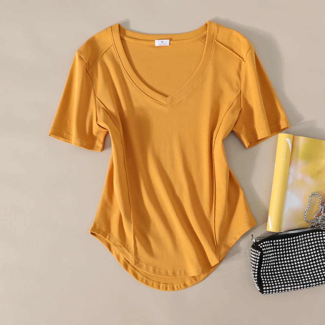 星有光时尚大V领弧形下摆外缝拼接短袖t恤女弹力修身显瘦上衣夏款