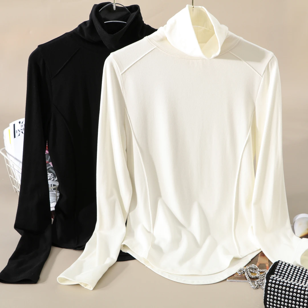 星有光 2024秋冬弧形下摆高领长袖打底衫女套头上衣修身百搭纯色