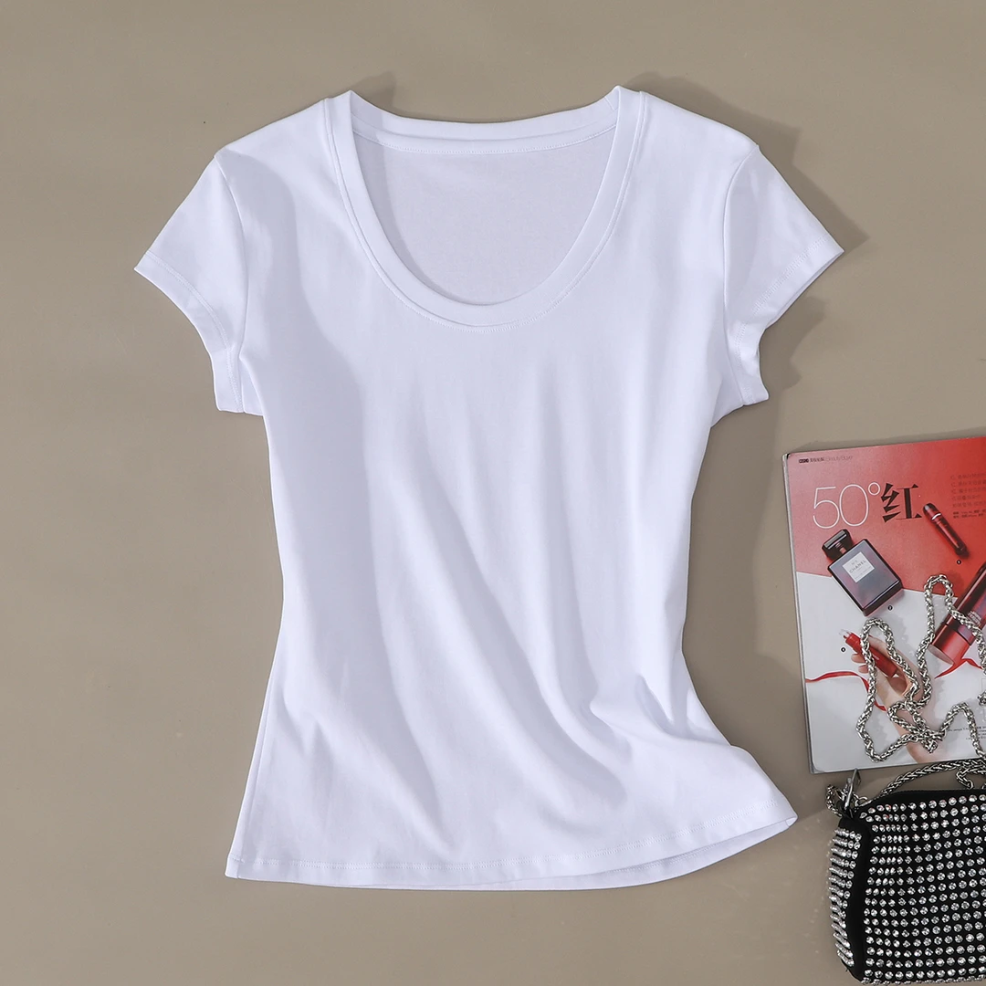 星有光 气质简约大领口弹力针织白色短袖t恤女夏季修身短款上衣