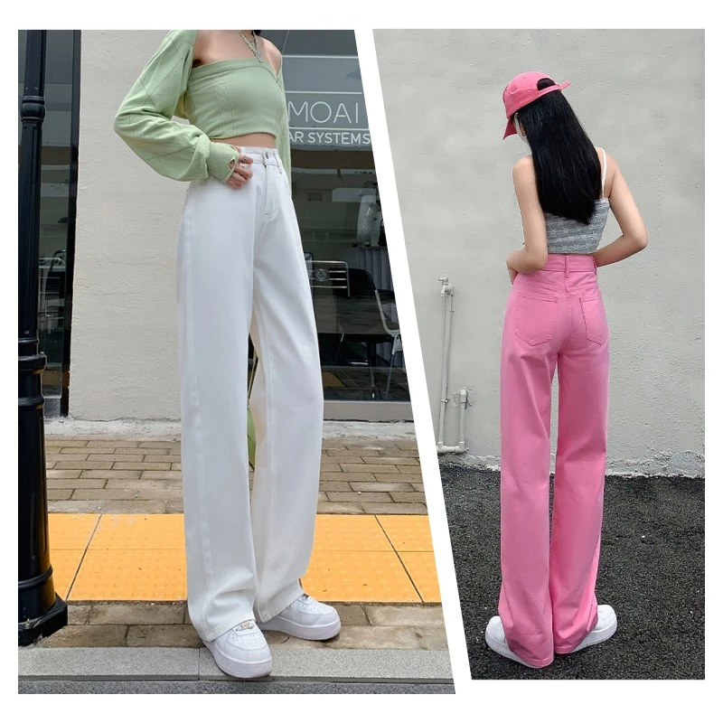 高腰阔腿牛仔裤女2024春季新款粉色宽松休闲直筒裤显瘦长裤拖地裤