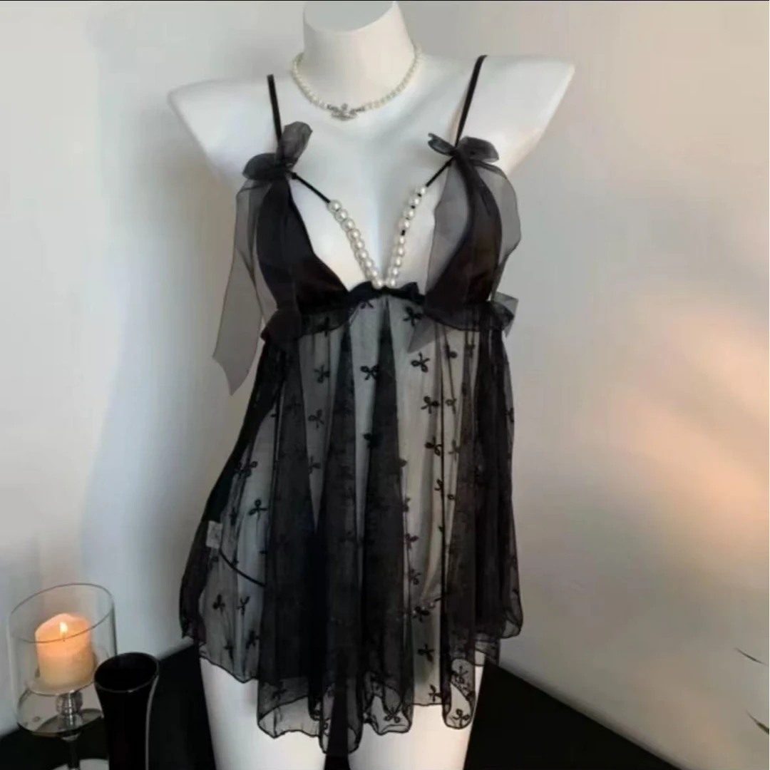 【ZB】新款约会战袍纯欲诱惑睡衣珍珠装饰睡衣睡裙蕾丝轻奢