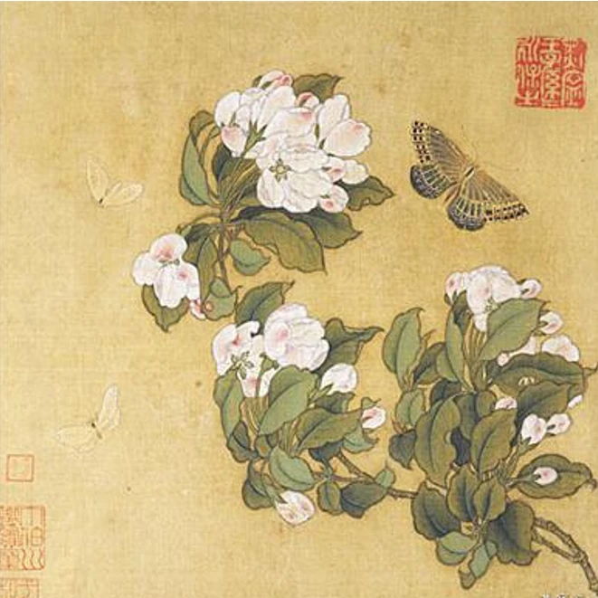工笔国画纸本宋画《海棠蛱蝶图》课