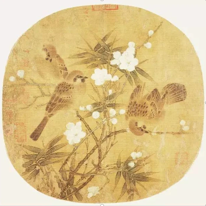 工笔国画纸本宋画《梅竹戏雀图》课