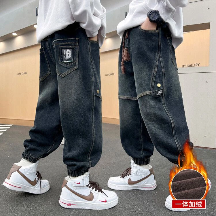 男童牛仔裤秋冬2025宽松一体绒大童牛仔裤加绒春秋男童裤