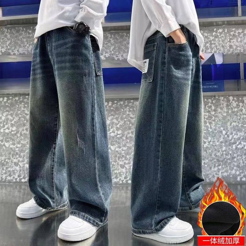 男童冬季加绒牛仔裤2025秋冬中大童帅气直筒牛仔裤裤宽松洋气百搭