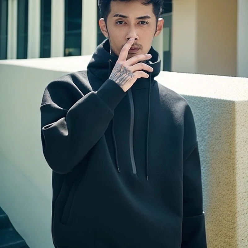 空气棉卫衣连帽立领潮男复古高街宽松纯色外套半拉链大码加肥男装