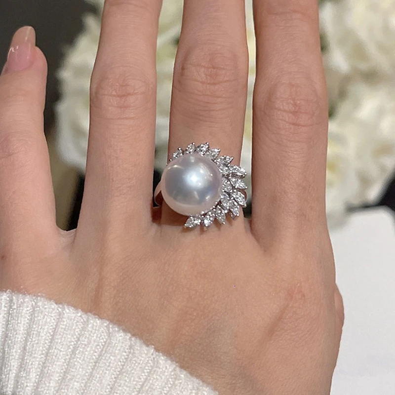 贝珠ins轻奢小众镶钻花朵形开口戒指女 时