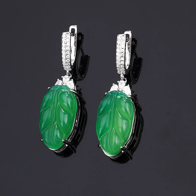 黄铜陶瓷戒指 时尚气质款绿树叶耳钉小树叶耳环女式