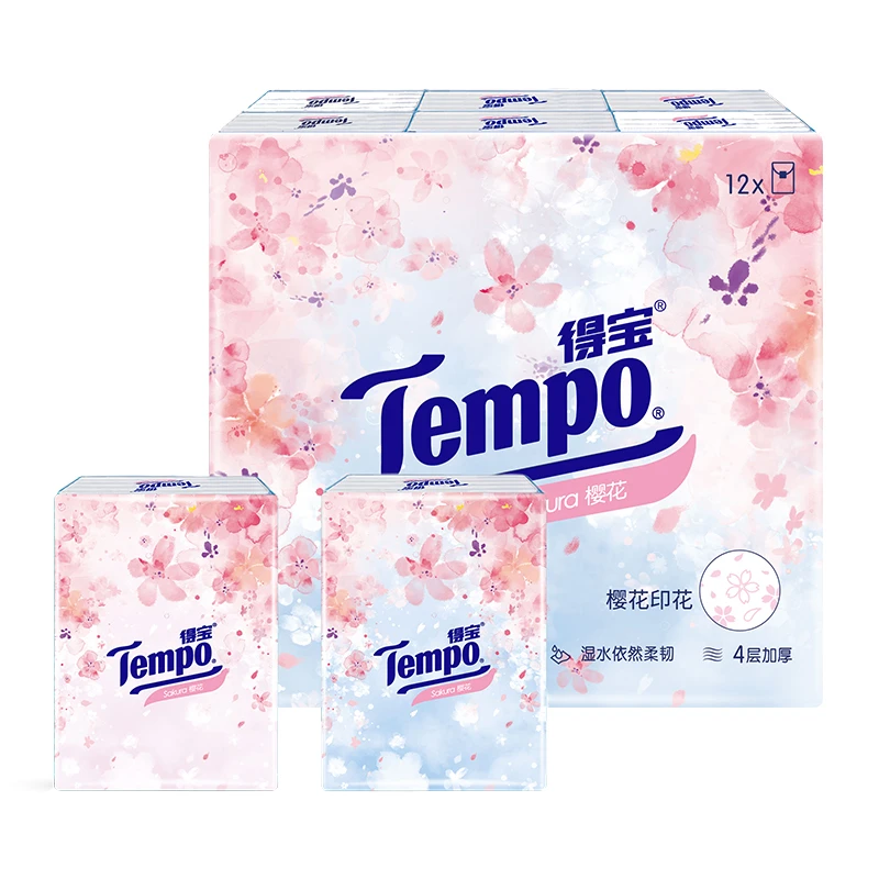 维达集团授权Tempo得宝樱花印花4层7片12包手帕纸