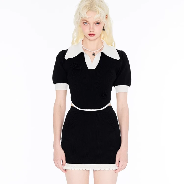 【青仓】1JINN STUDIO 穿搭模板时尚套泡泡袖短款针织包臀套装