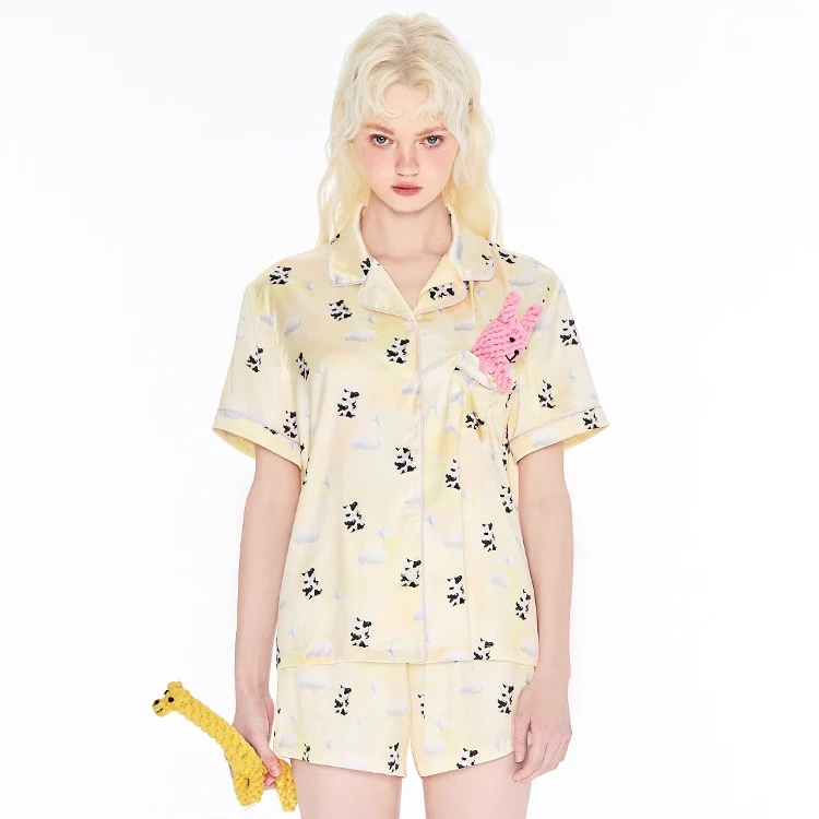 【佳佳】1JINN STUDIO 天仙同款 缎面短袖印花短袖睡衣套装