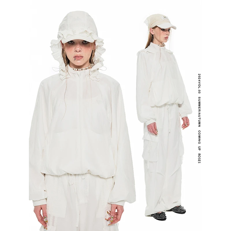 1JINN STUDIO 蕾丝花边戴帽休闲宽松拼接连帽短外套