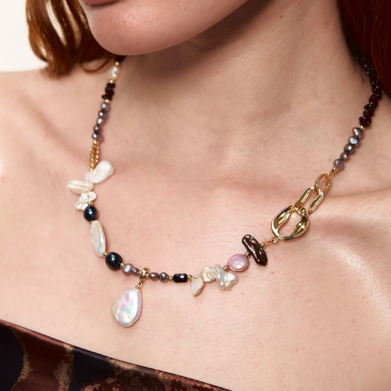 铜合金仿珍珠项链 1JINN M2M 复古金色石榴红巴洛克珠珠项链