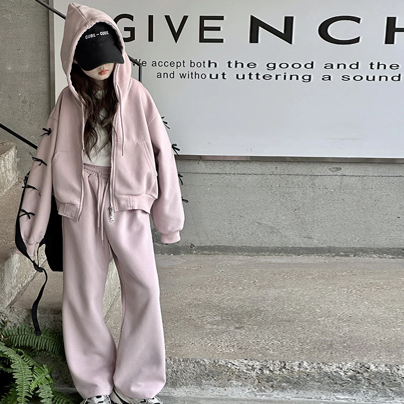 韩系双拉链头外套女童春秋连帽卫衣套装女孩中大童运动网红时尚