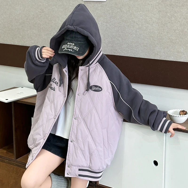 女童深秋加棉加厚外套6-12岁秋冬新款连帽宽松韩版拼接开衫