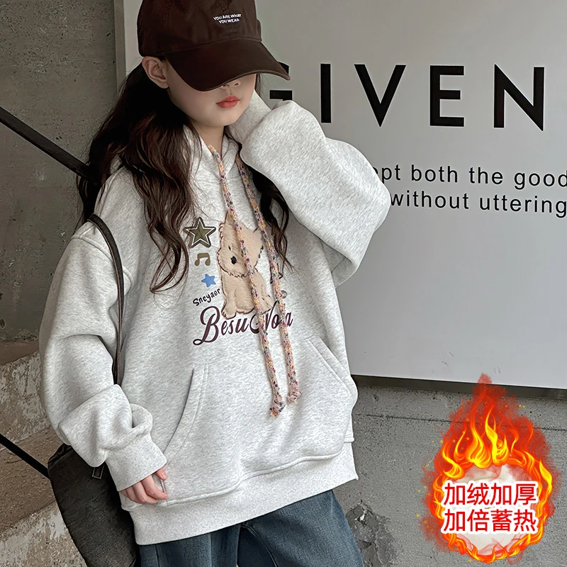 女童秋冬小猫绣花连帽卫衣韩系高品质冬装加绒加厚宽松学生时尚潮