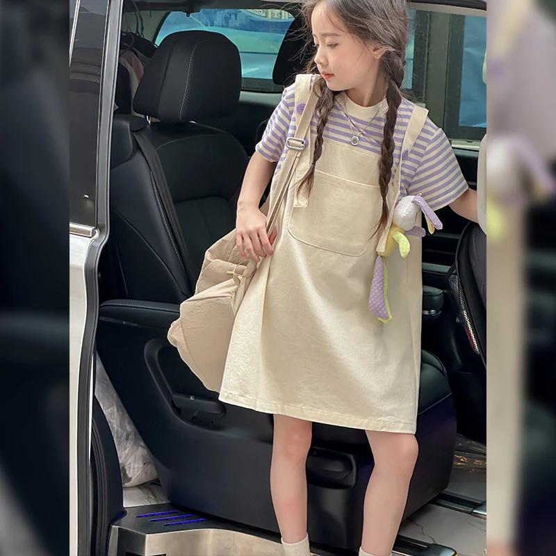 女童纯棉连衣裙夏季条纹假两件背带裙韩范甜美公主裙洋气时尚裙子