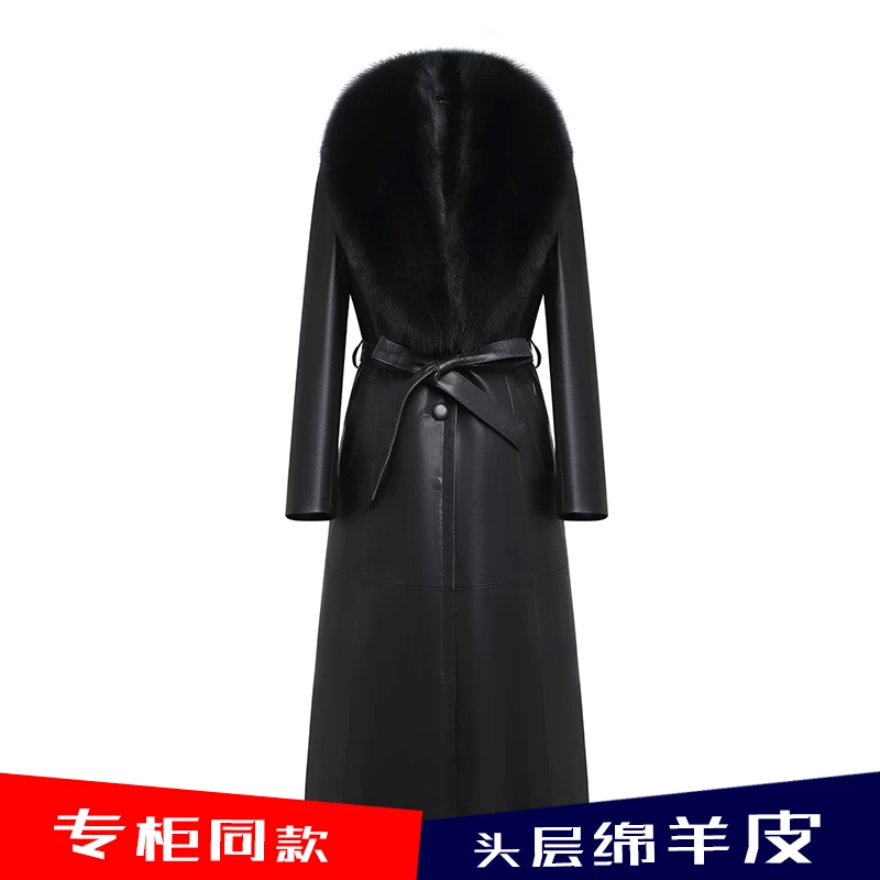 2024新款真皮鹅绒服女长款海宁皮衣过膝高端收腰羽绒绵羊皮风衣