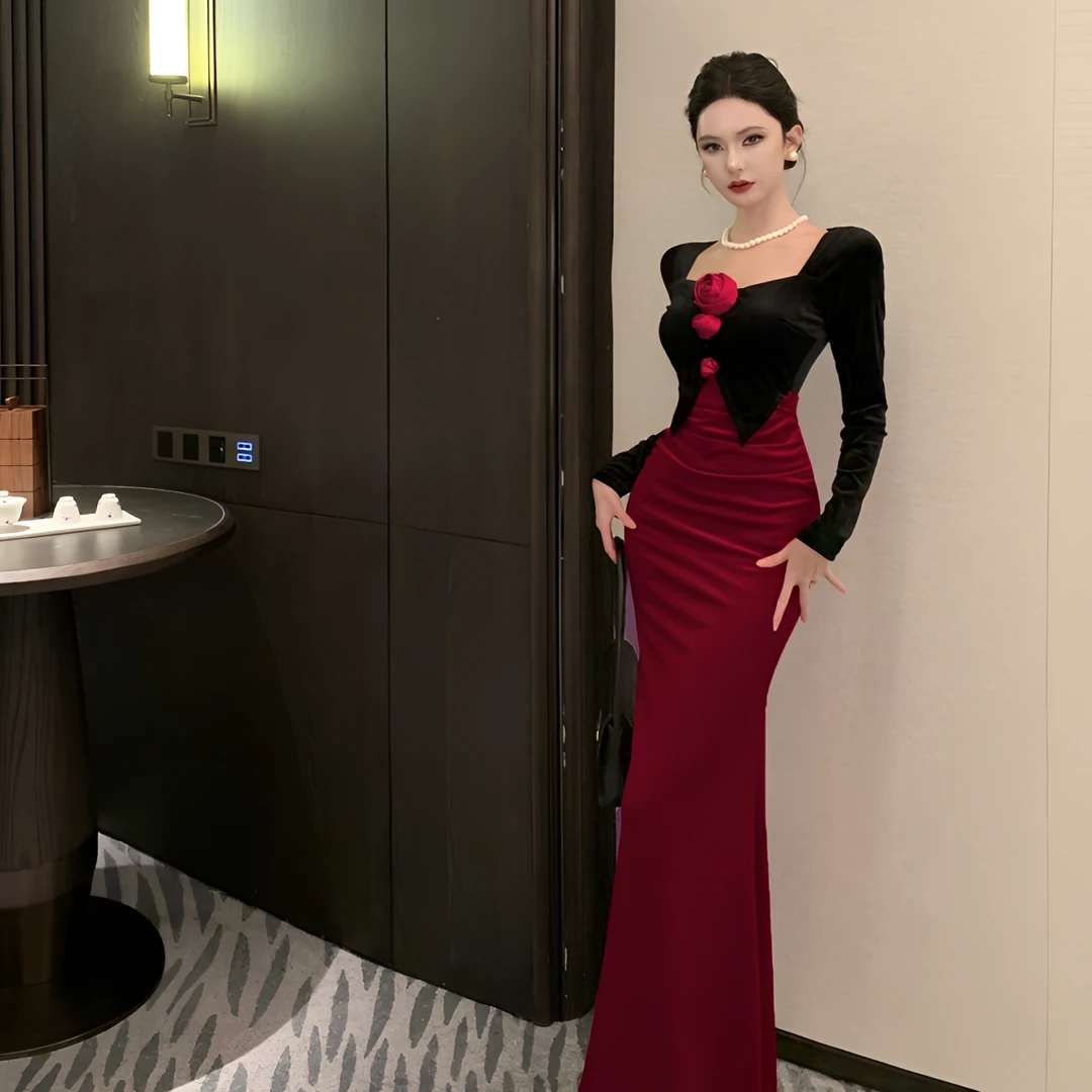 法式时尚复古立体花撞色拼接纯欲风性感辣妹秋冬假两件显瘦包臀裙