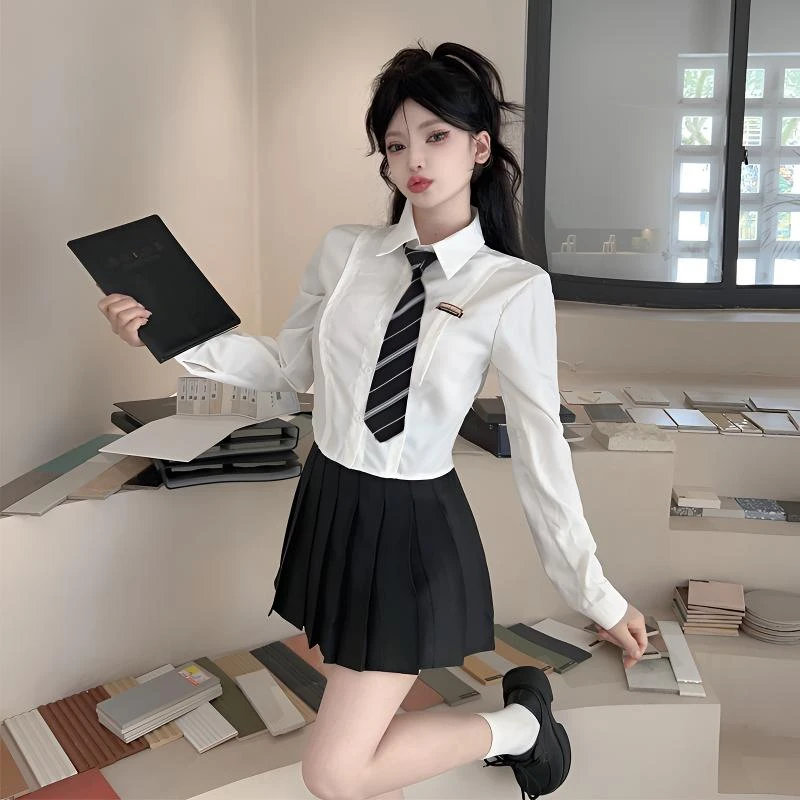 纯欲风甜辣性感秋季白色长袖修身短款衬衫百褶裙学院风JK制服套装