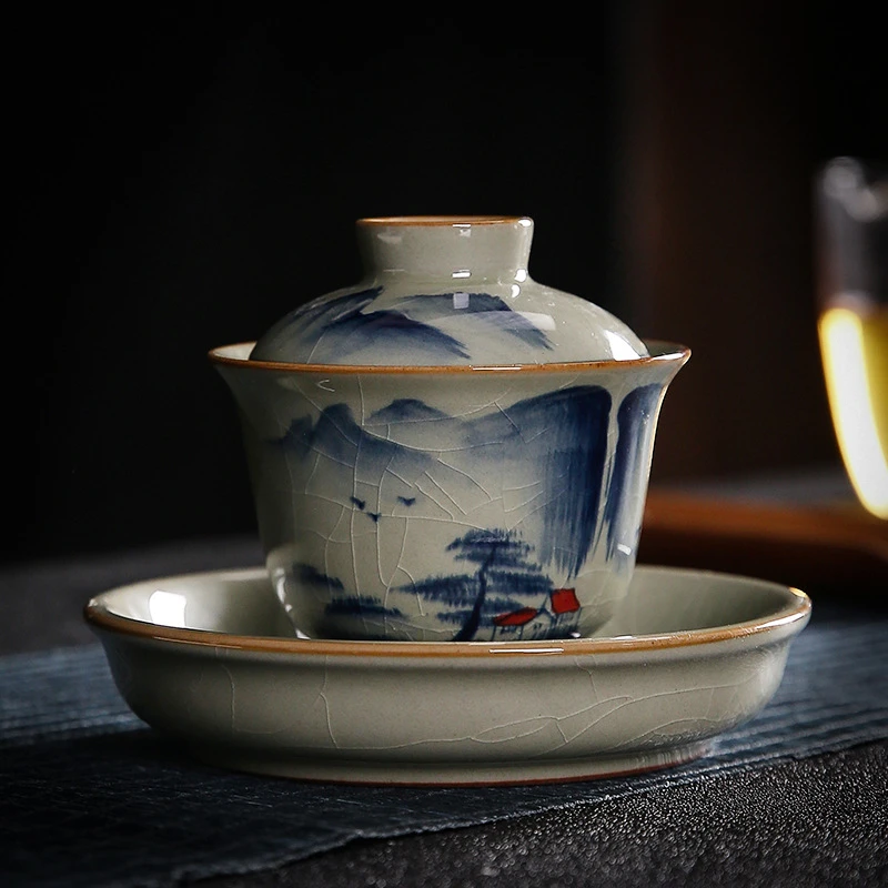 纯手绘青花盖碗茶具大号高档中式复古三才泡茶茶杯盖碗开片冰裂釉