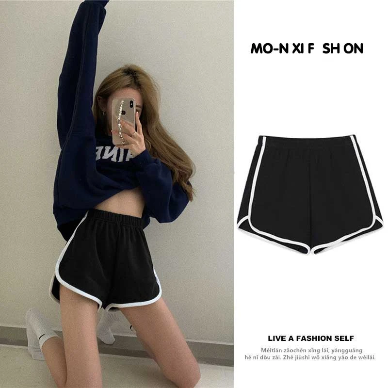 黑色休闲运动短裤女夏季阔腿高腰跑步健身瑜伽裤居家睡裤外穿热裤