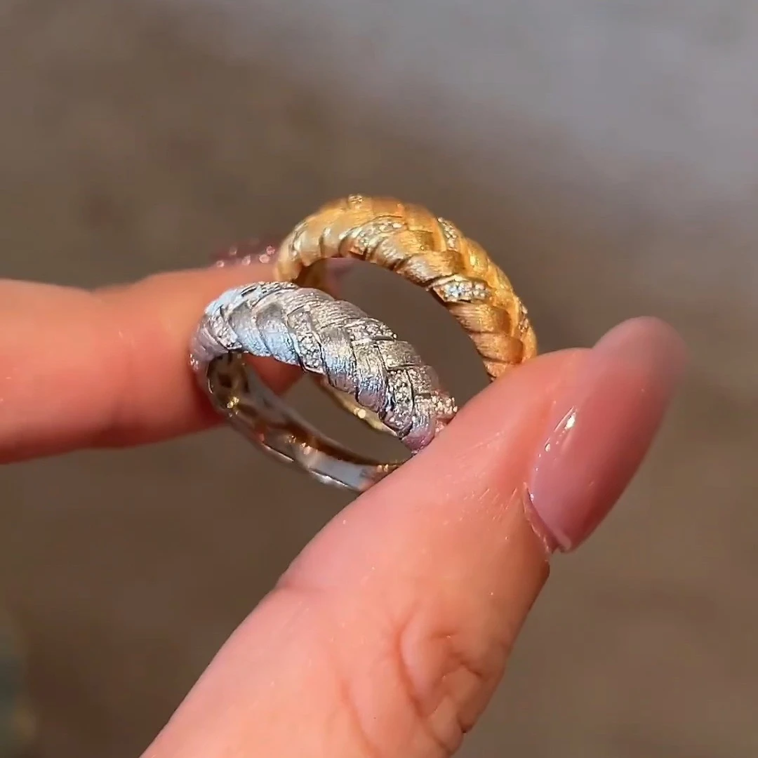 铜合金锆石戒指 拉丝古法麦穗女戒开口轻奢微镶锆石麻花编织指环